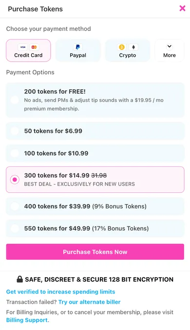 CamSoda's Purchase Tokens window with US card prices: 50 tokens for $6.99, 100 for $10.99, 300 for $14.99 for new users, 400 for $39.99 and 550 for $49.99