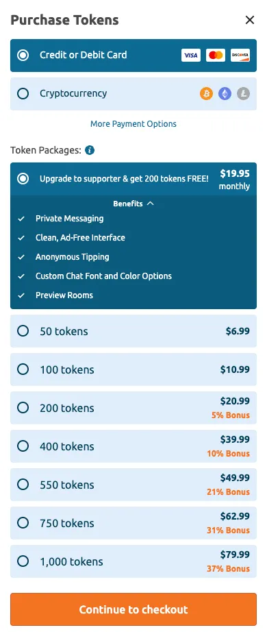 Chaturbate's Purchase Tokens window with US card prices, from 50 tokens for $6.99 to 1,000 tokens for $79.99, and Supporter at $19.95 a month